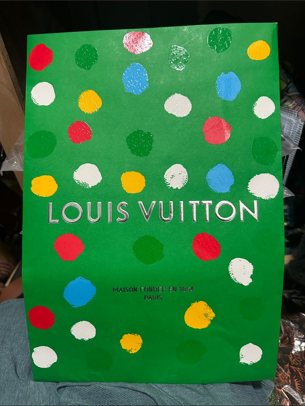 Louis Vuitton Green Polka Dot shopping bag tote paper with Multicolor Dots